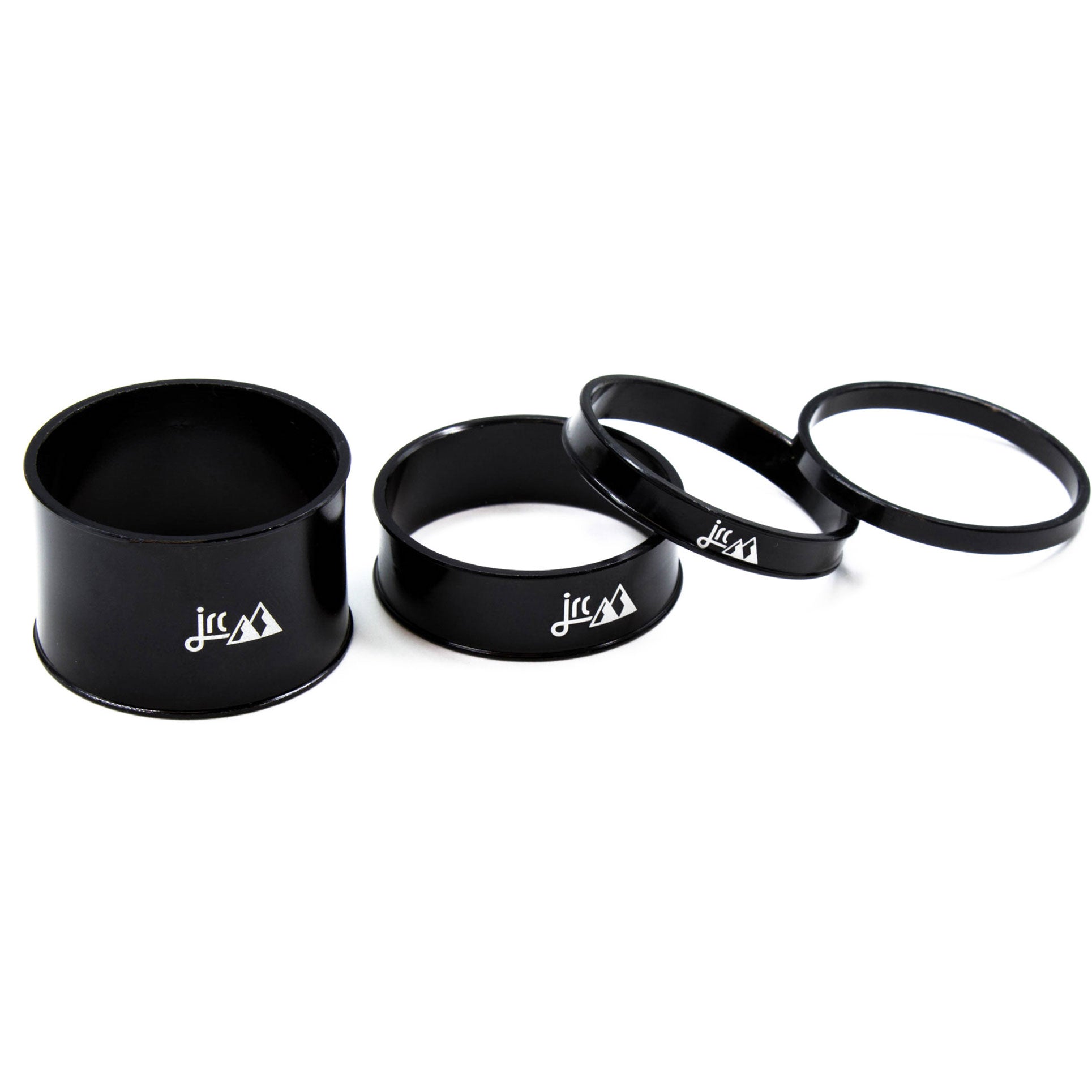 Black, lightweight aluminium bicycle headset spacer kit with 4 sizes.