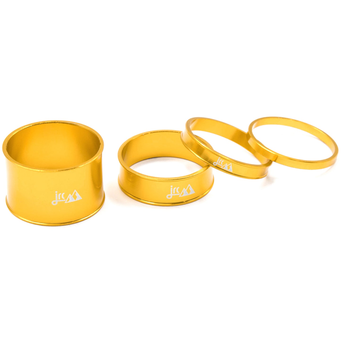 Gold, lightweight aluminium bicycle headset spacer kit with 4 sizes.
