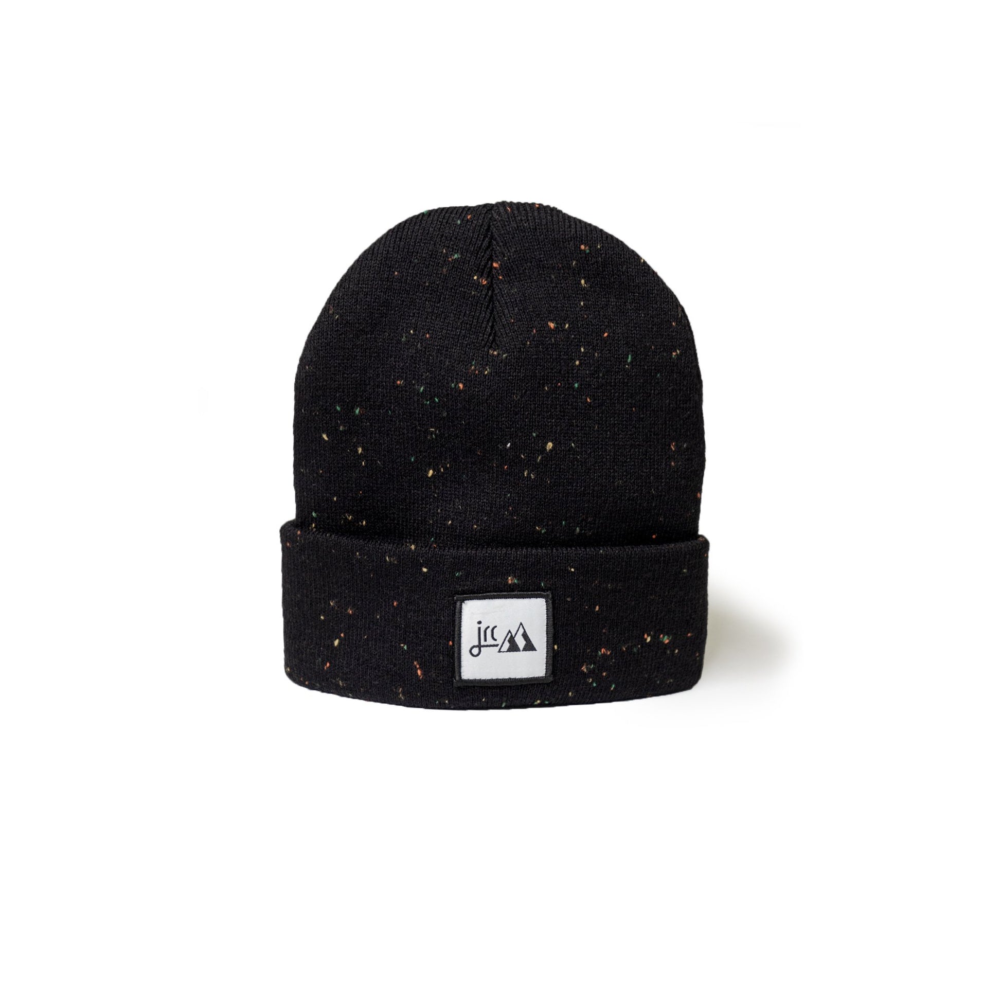 Black cuffed beanie hat with flecked colour and square front logo design