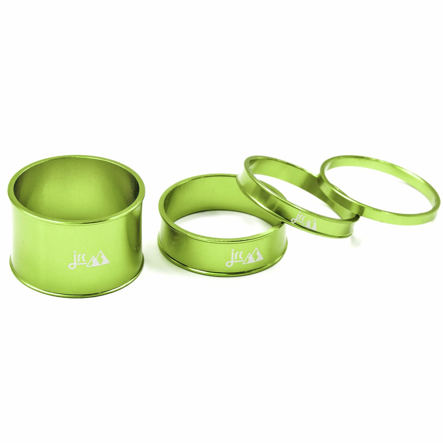 Acid green, lightweight aluminium bicycle headset spacer kit with 4 sizes.
