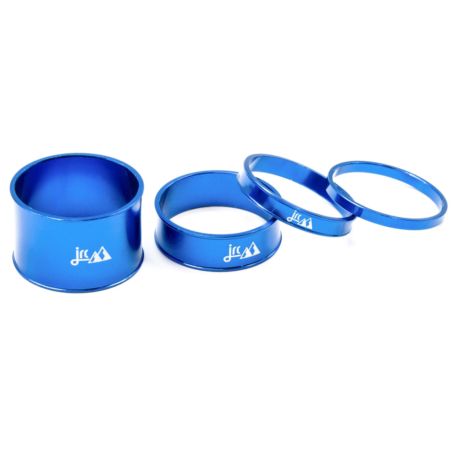 Blue, lightweight aluminium bicycle headset spacer kit with 4 sizes.