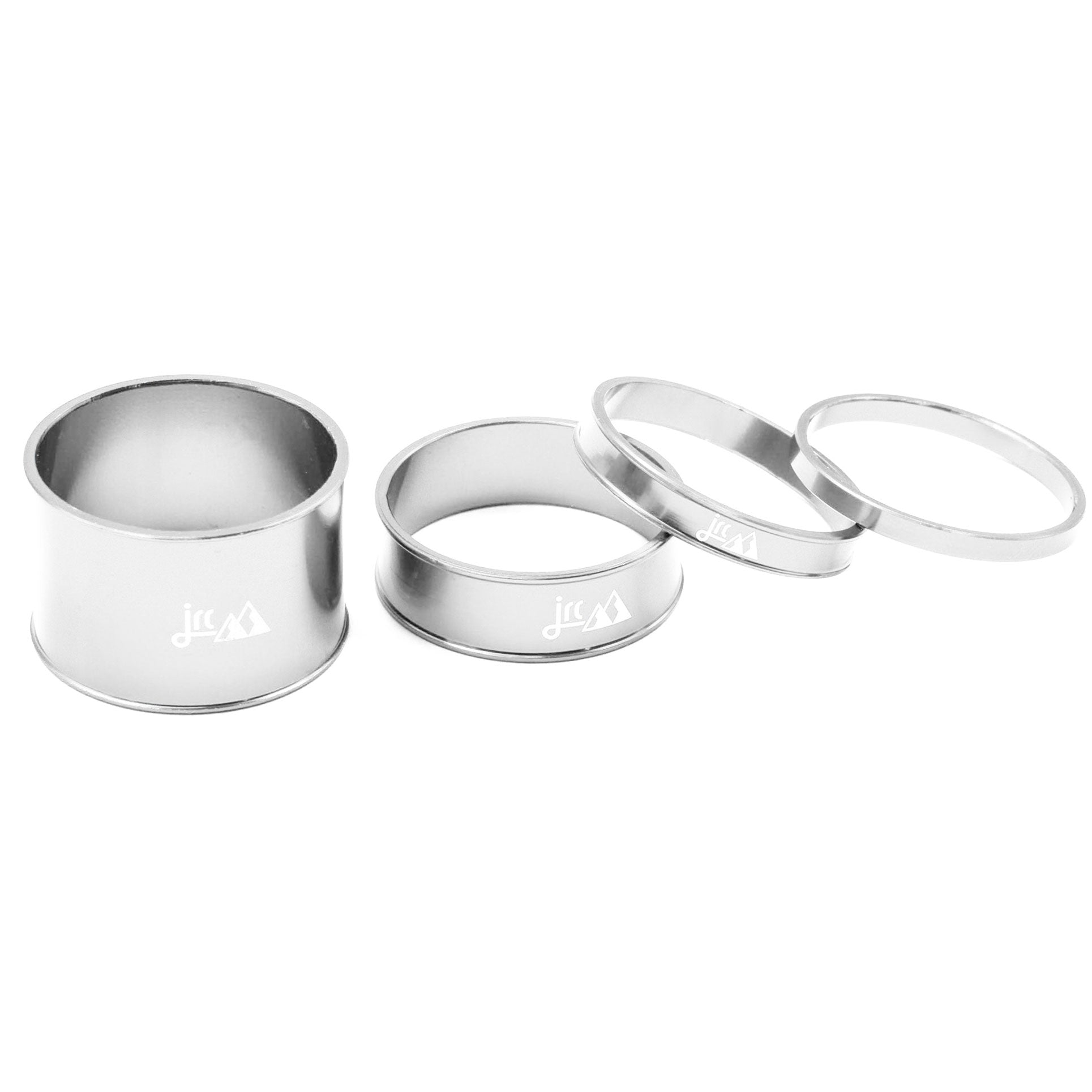 Silver, lightweight aluminium bicycle headset spacer kit with 4 sizes.