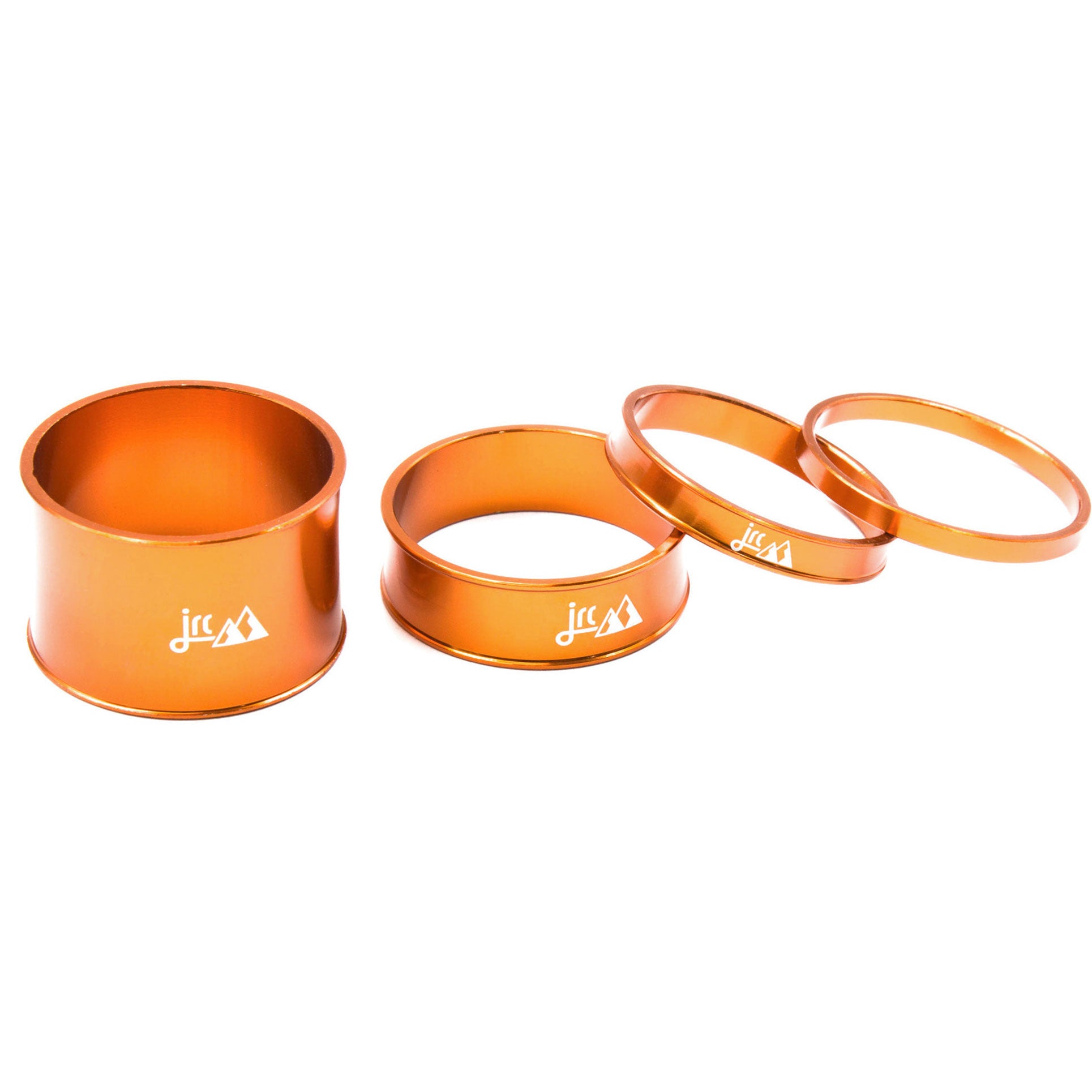 Orange, lightweight aluminium bicycle headset spacer kit with 4 sizes.