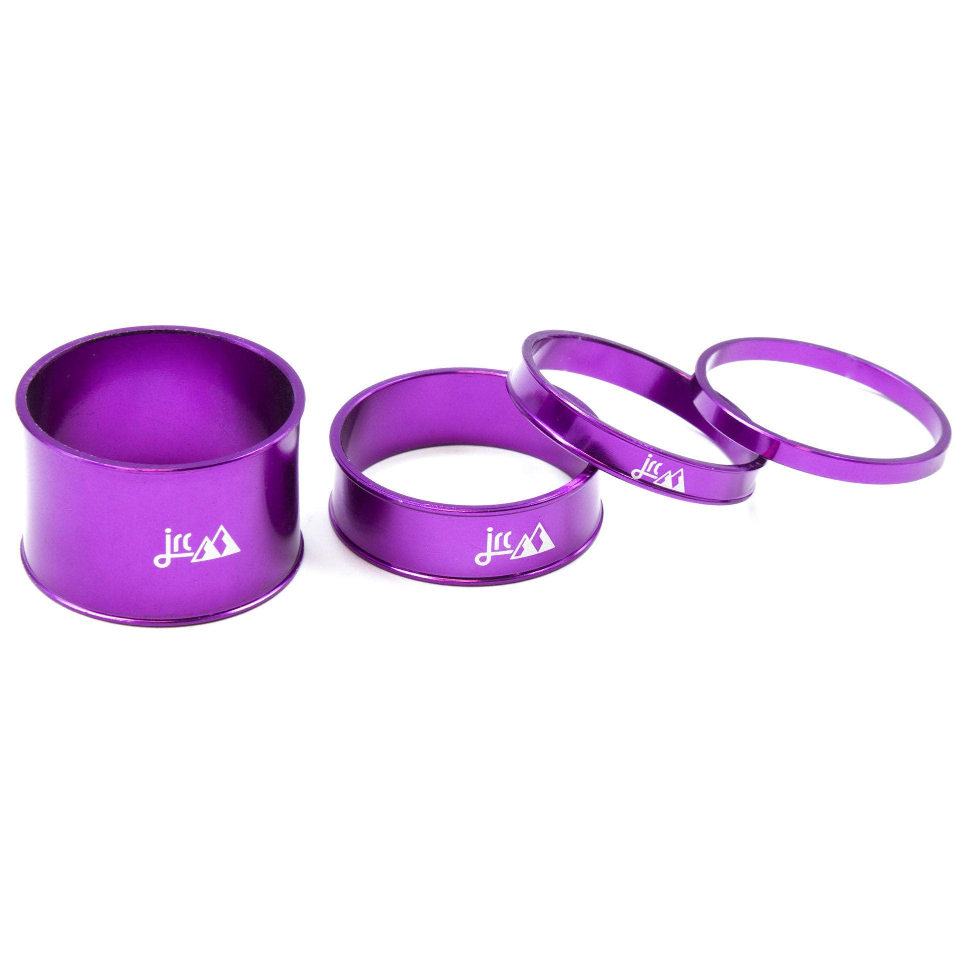 Purple, lightweight aluminium bicycle headset spacer kit with 4 sizes.