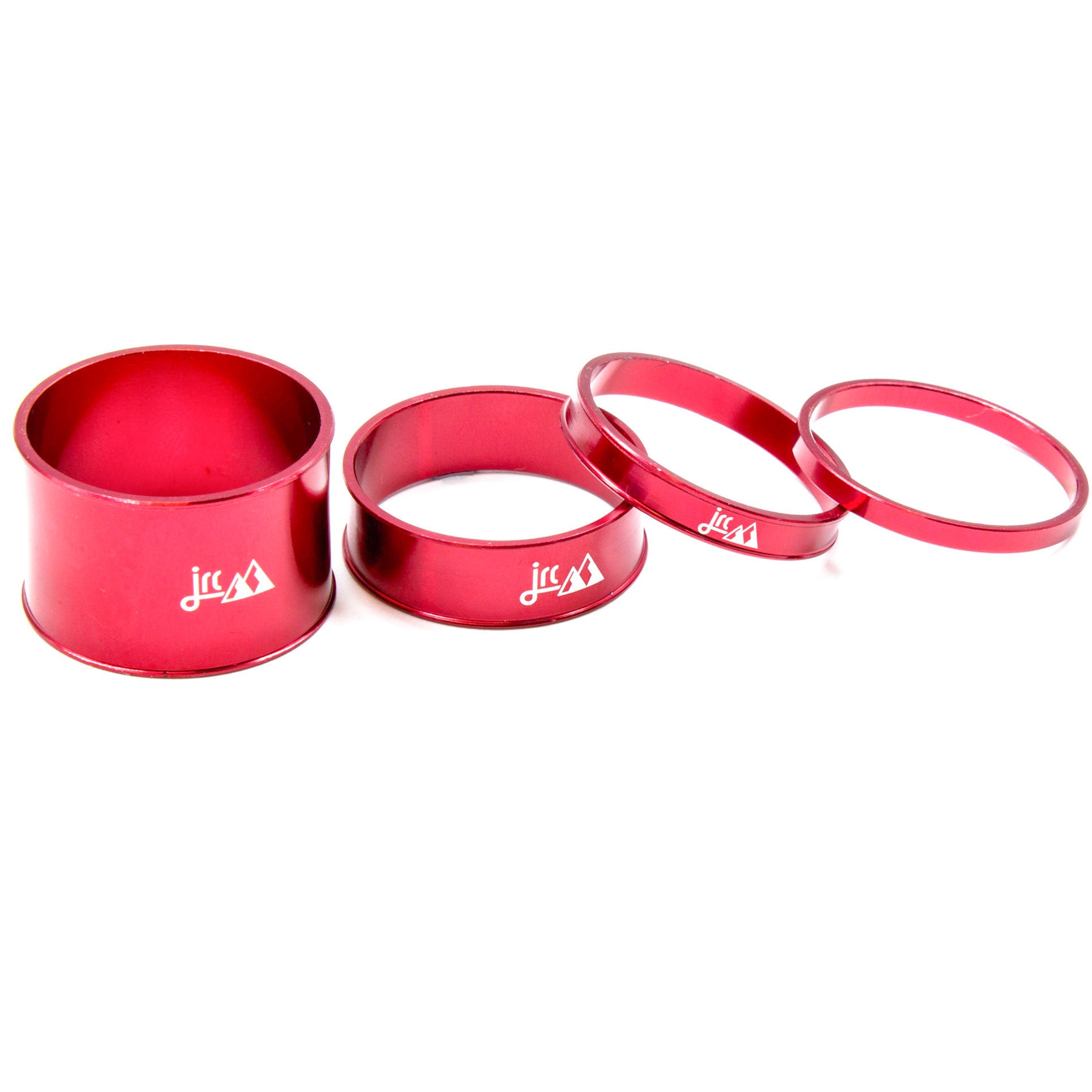 Red, lightweight aluminium bicycle headset spacer kit with 4 sizes.