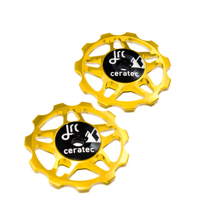 Gold, lightweight aluminium 11 tooth pulley wheel set for bicycles, for Shimano SRAM and Campagnolo
