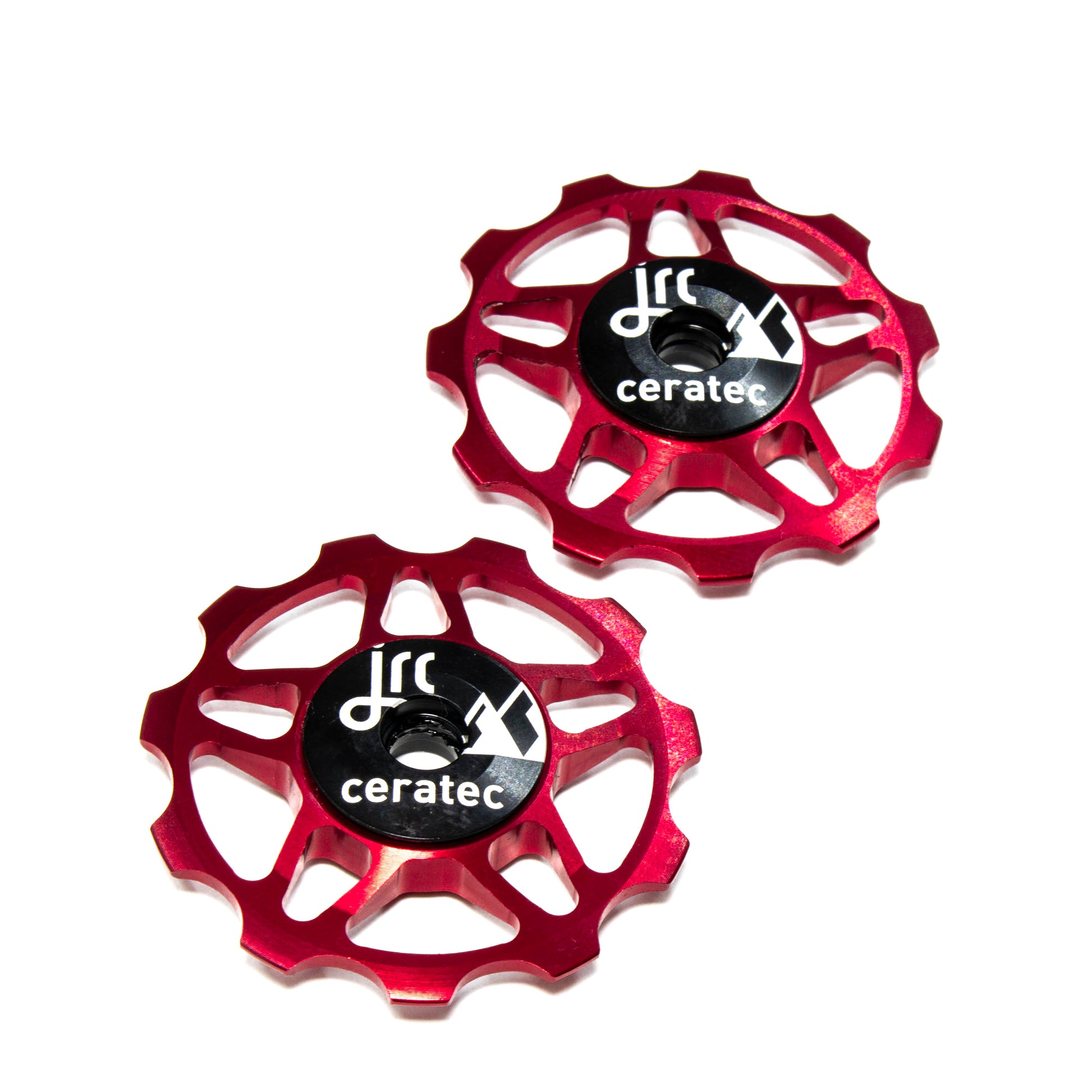 Red, lightweight aluminium 11 tooth pulley wheel set for bicycles, for Shimano SRAM and Campagnolo