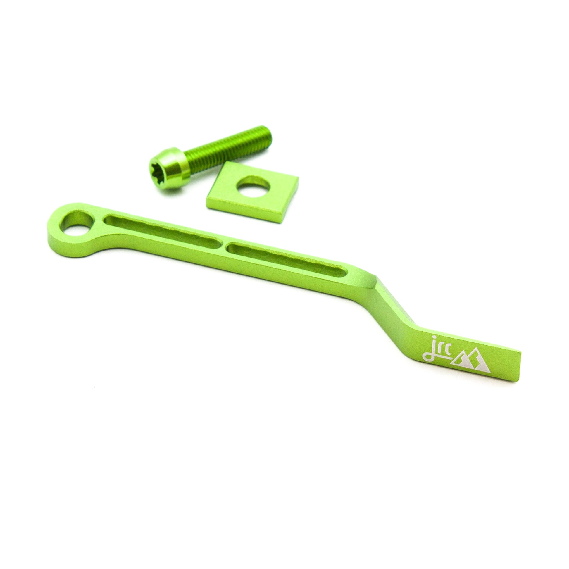 Acid green, lightweight aluminium bicycle chain catcher kit with alloy mounting bolts and braze-clamp spacer