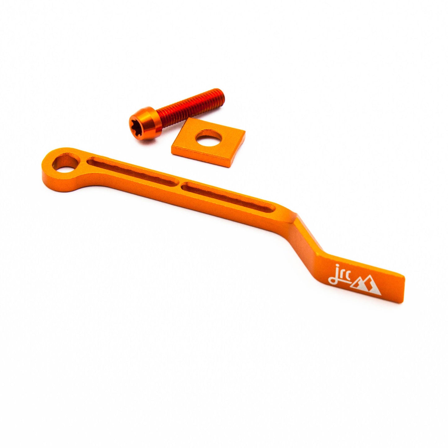 Orange, lightweight aluminium bicycle chain catcher kit with alloy mounting bolts and braze-clamp spacer