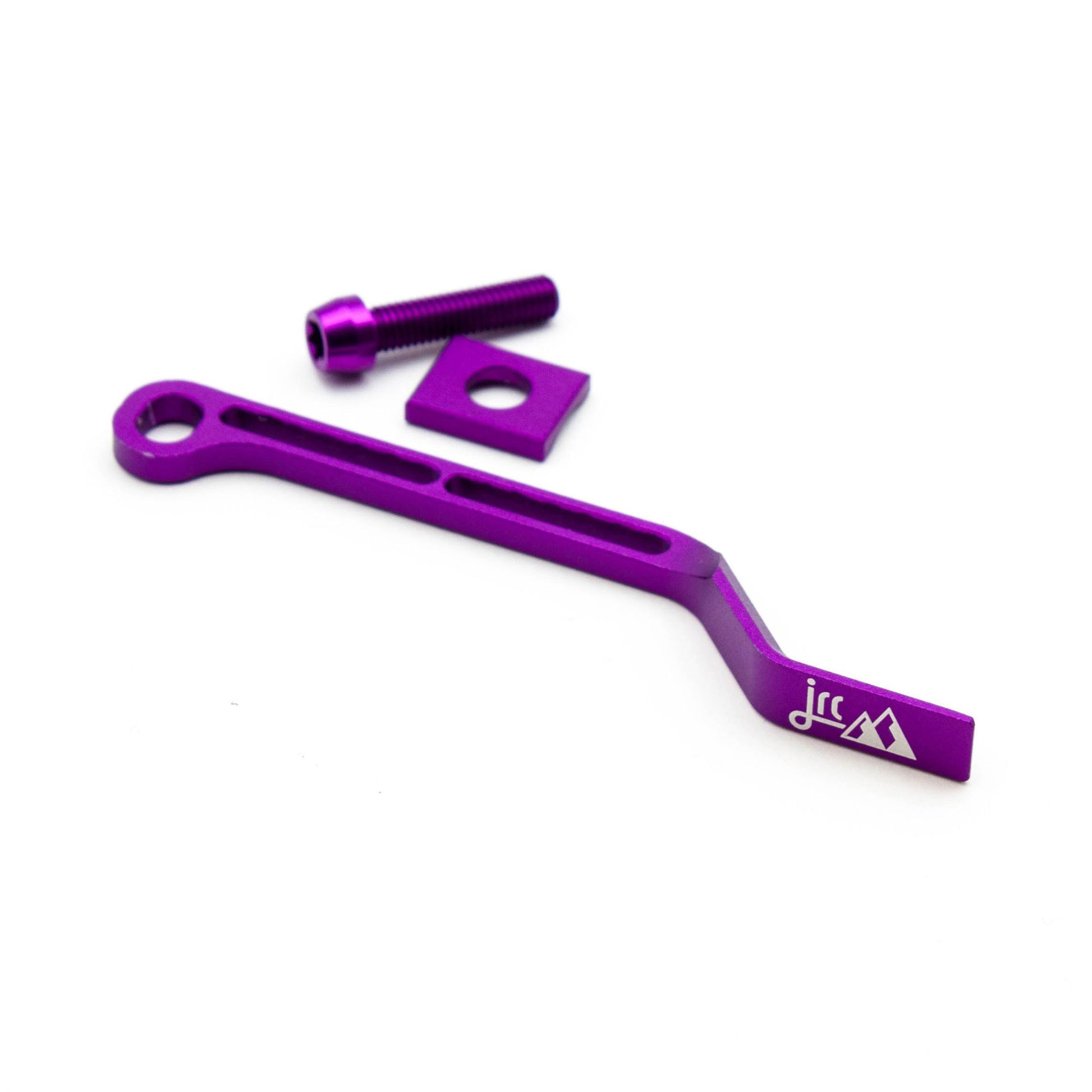 Purple, lightweight aluminium bicycle chain catcher kit with alloy mounting bolts and braze-clamp spacer