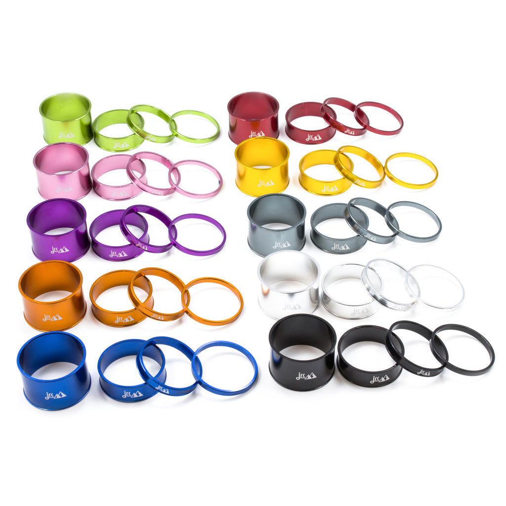 Lightweight aluminium bicycle headset spacer kit with 4 sizes in various colours