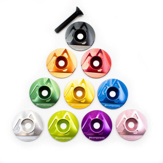 Lightweight, aluminium Ahead bicycle stem top cap with mountain design in multiple colours