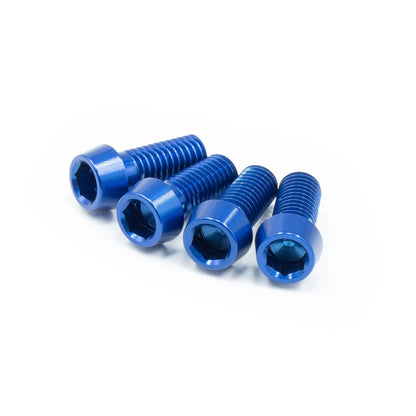 Blue, ultra lightweight set of bolts for bicycle bottle cages