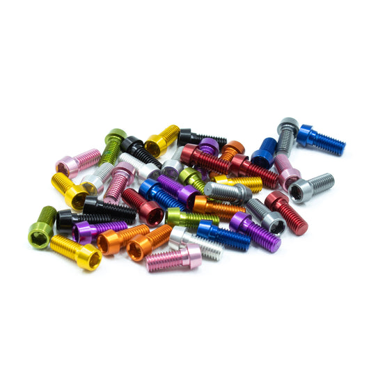 Ultra lightweight set of bolts for bicycle bottle cages available in multiple colours, group photo