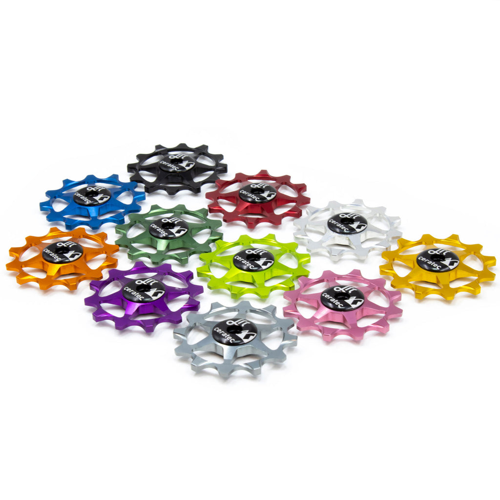 Lightweight aluminium pulley wheel set for bicycles, 12 tooth, narrow/wide, for Sram 1x Mono Systems, various colours 