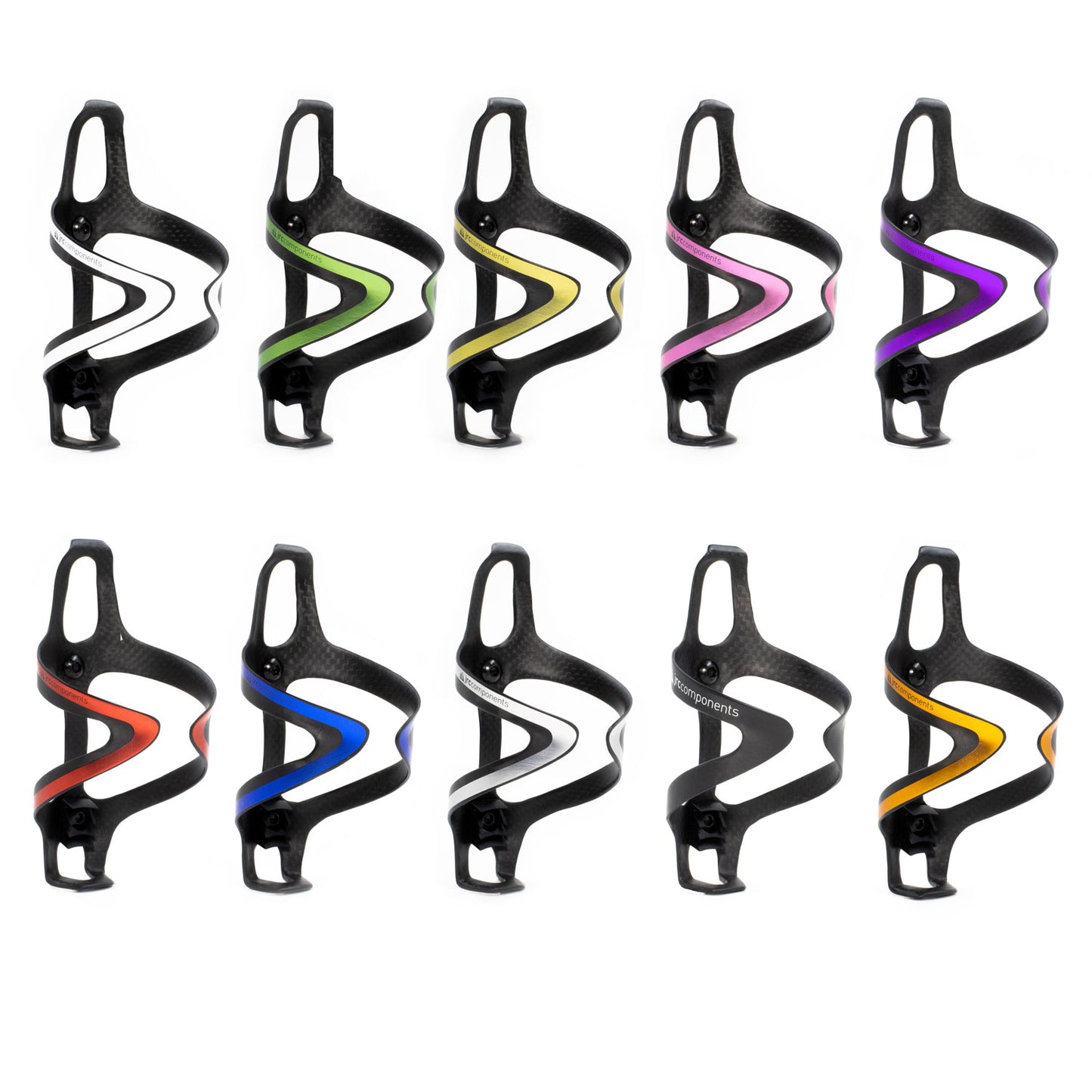 Carbon fibre bottle cages in various metallic colours with gloss or matt finish