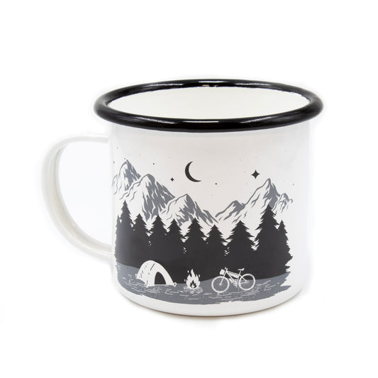 Lightweight and compact enamel camping/ travel mug with black and white mountain camping design