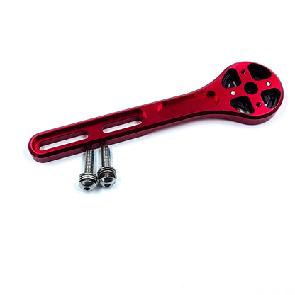 Red, lightweight, aluminium integrated amplitude bicycle handlebar mount, view of back of mount workings