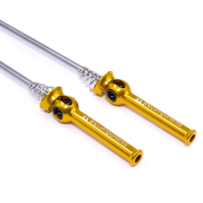 JRC Lightweight Bicycle Components Quick Release Skewers With Titanium Axel And Oversized  Hollowed Anodised Levers Set In Gold