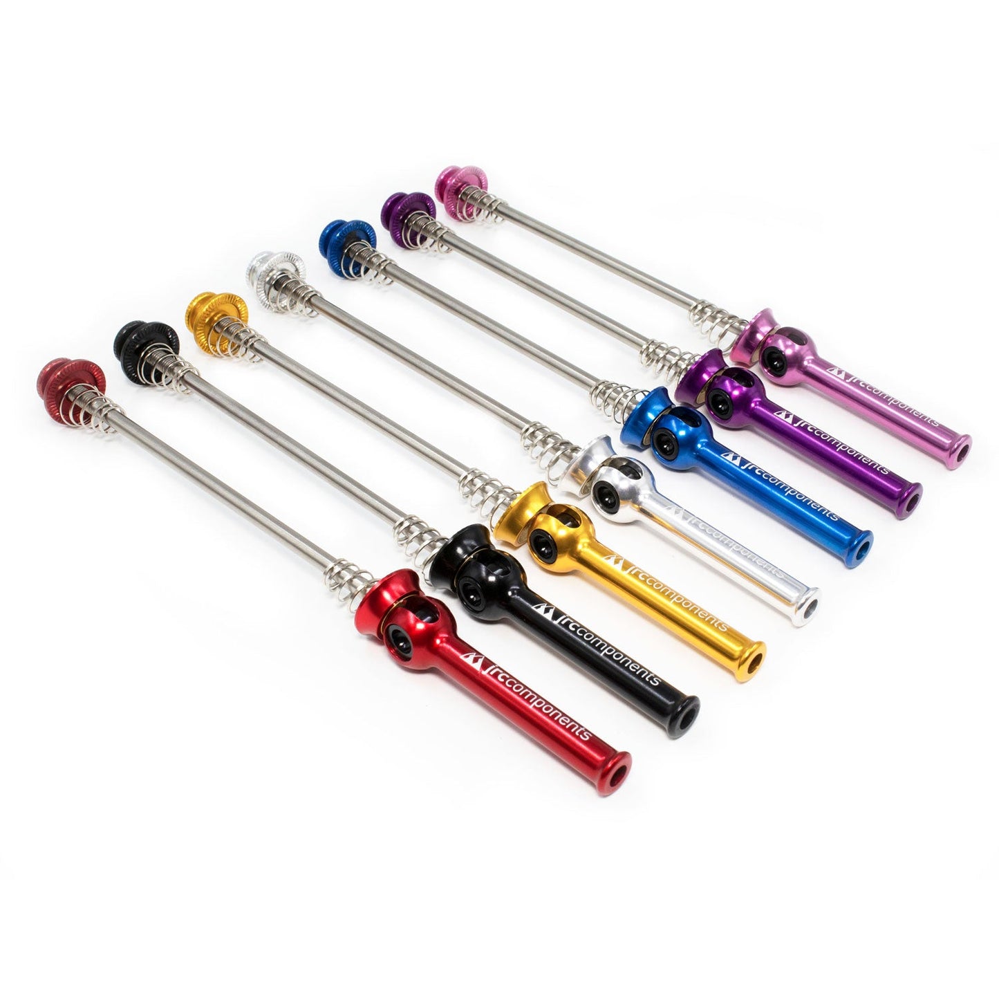 JRC Lightweight Bicycle Components Quick Release Skewers With Titanium Axel And Oversized Hollowed Anodised Levers Group Photo With Multiple Colours