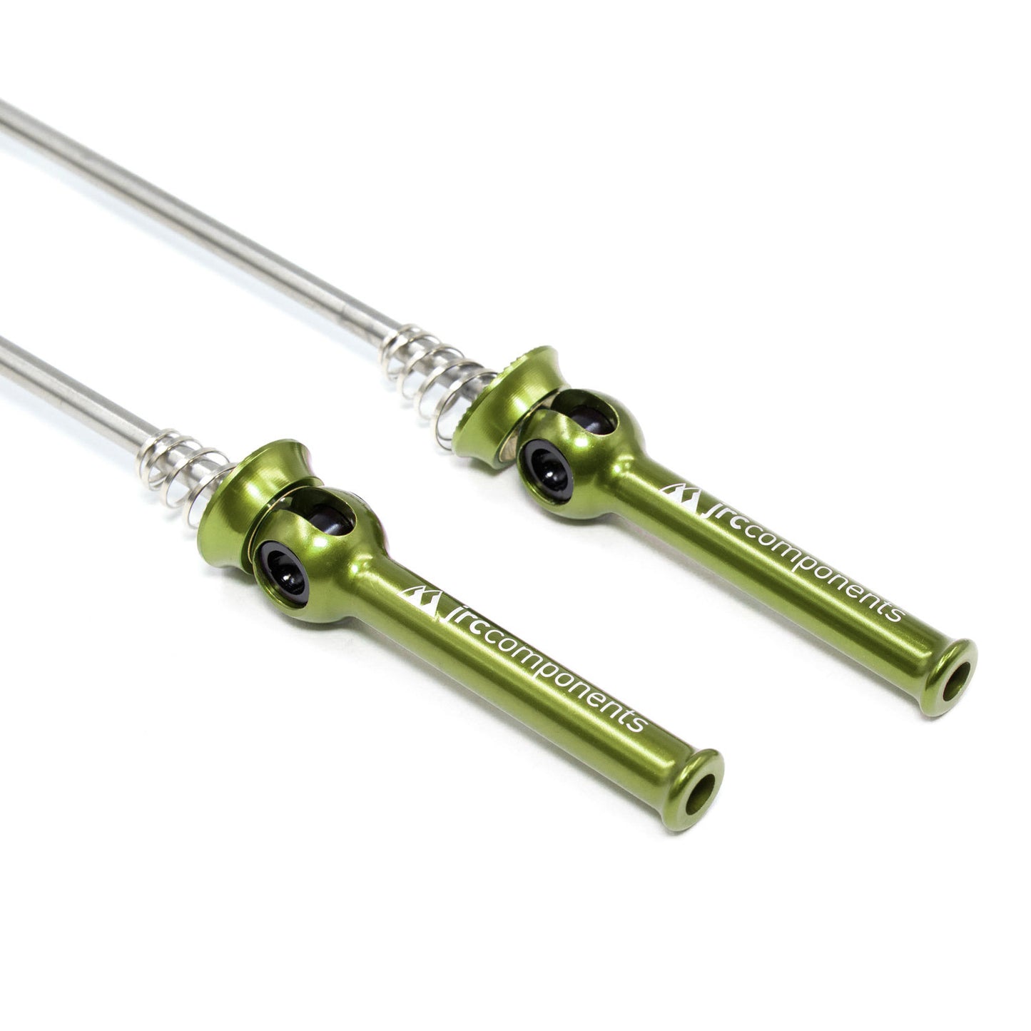 JRC Lightweight Bicycle Components Quick Release Skewers With Titanium Axel And Oversized Hollowed Anodised Levers Set In Acid Green