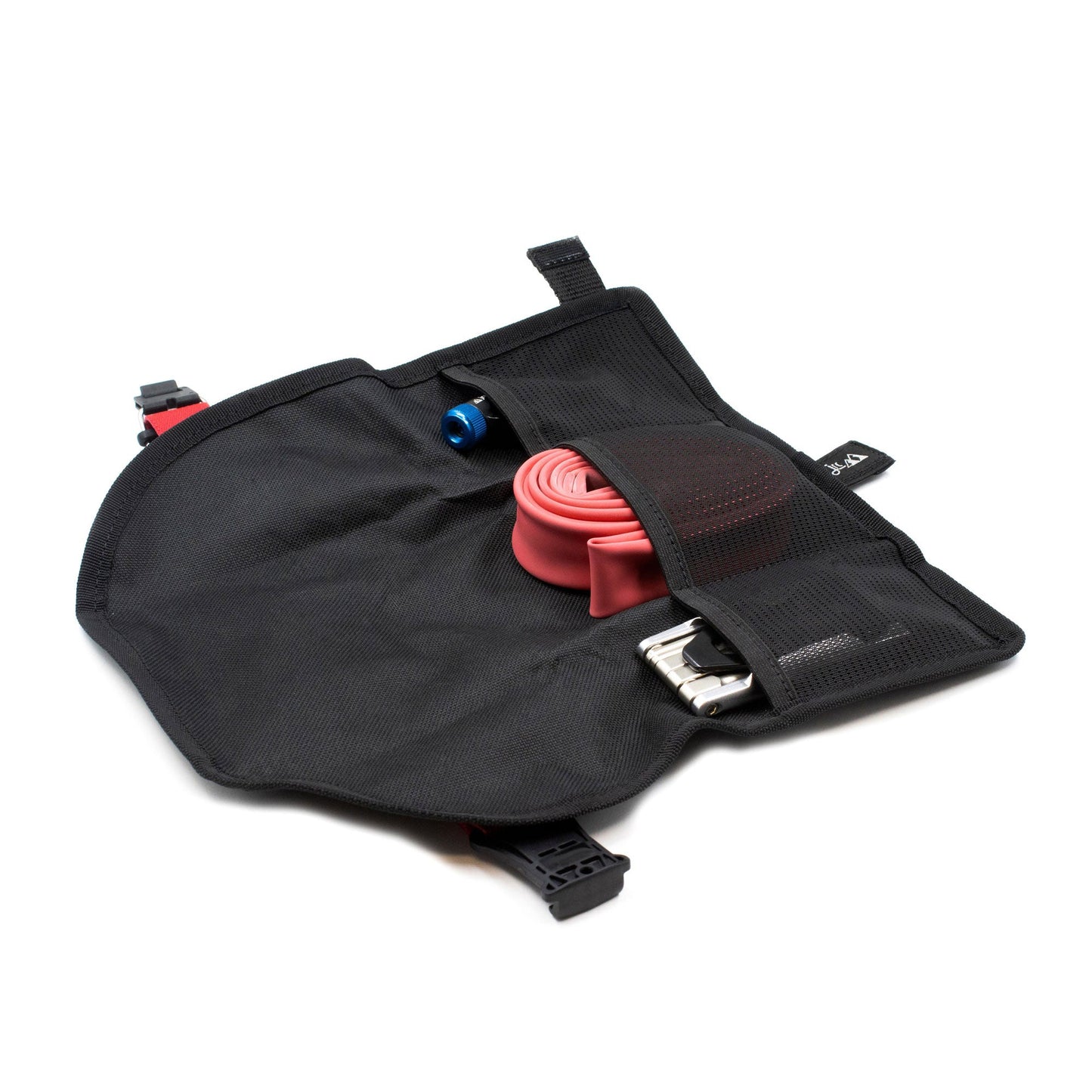 Bicycle saddle roll bag. Compact design with three mesh compartments inside