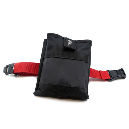 Bicycle saddle roll bag with ultra secure magnetic Fidlock clasp and red strap opened