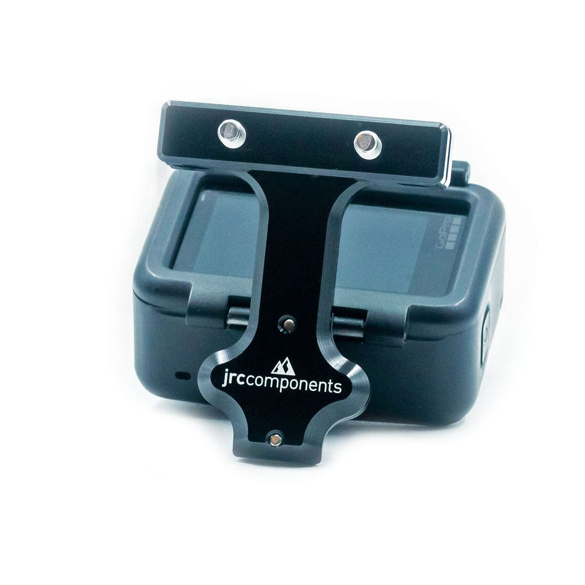 Black saddle rail mount with adaptor piece for rear lights and action cameras, with GoPro attached, front view.