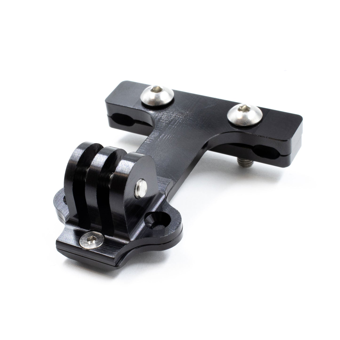 Black saddle rail mount with adaptor piece for rear lights and action cameras. View of adaptor from underbelly.