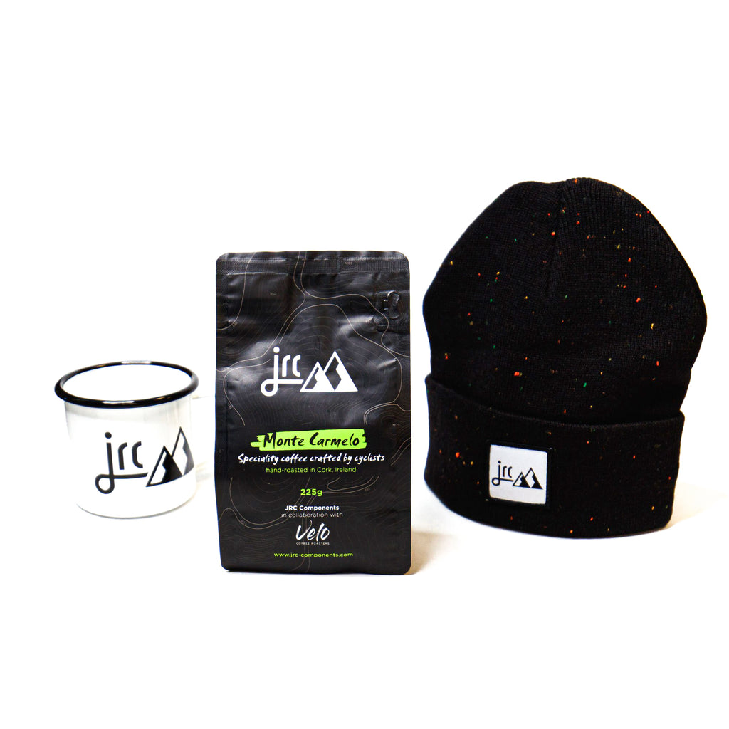 Gift bundle: speciality crafted Monte Carmelo coffee with travel mug and JRC black beanie hat