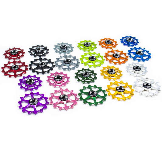 Lightweight aluminium pulley wheel set for bicycles, compatible with SRAM Eagle 14 tooth and 12 tooth, various colours