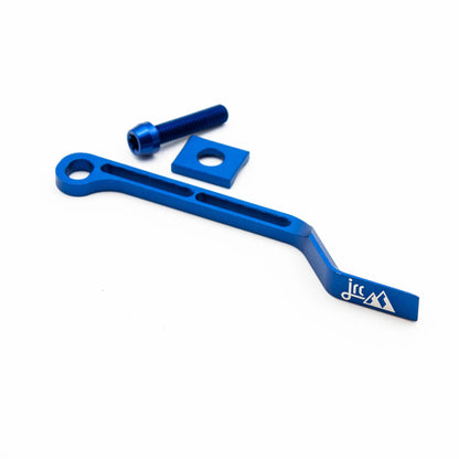 Blue, lightweight aluminium bicycle chain catcher kit with alloy mounting bolts and braze-clamp spacer