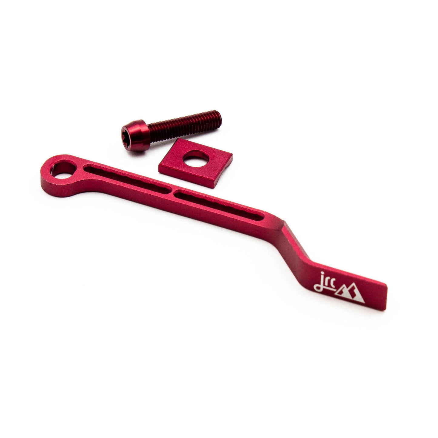 Red, lightweight aluminium bicycle chain catcher kit with alloy mounting bolts and braze-clamp spacer