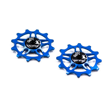 Blue, lightweight aluminium pulley wheel set for bicycles, compatible with 12 tooth SRAM Rival/ Force/ Red/ AXS