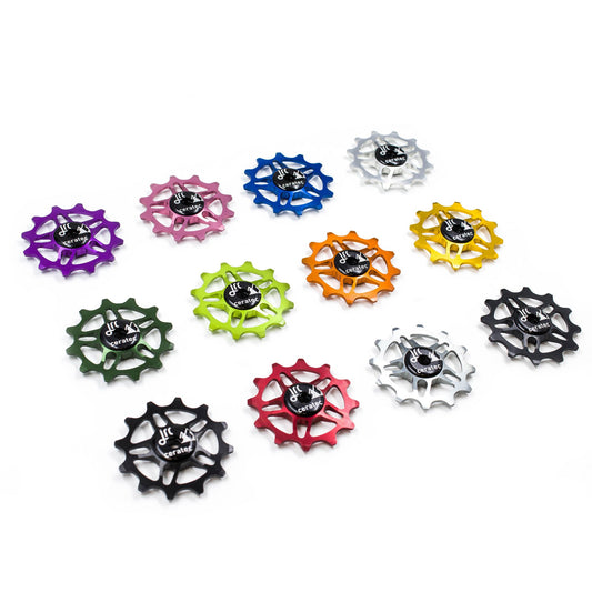 Lightweight aluminium pulley wheels for bicycles, compatible with 12 tooth SRAM Rival/ Force/ Red/ AXS, various colours