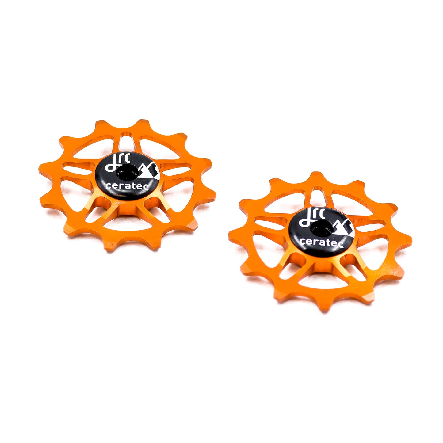 Orange, lightweight aluminium pulley wheel set for bicycles, compatible with 12 tooth SRAM Rival/ Force/ Red/ AXS