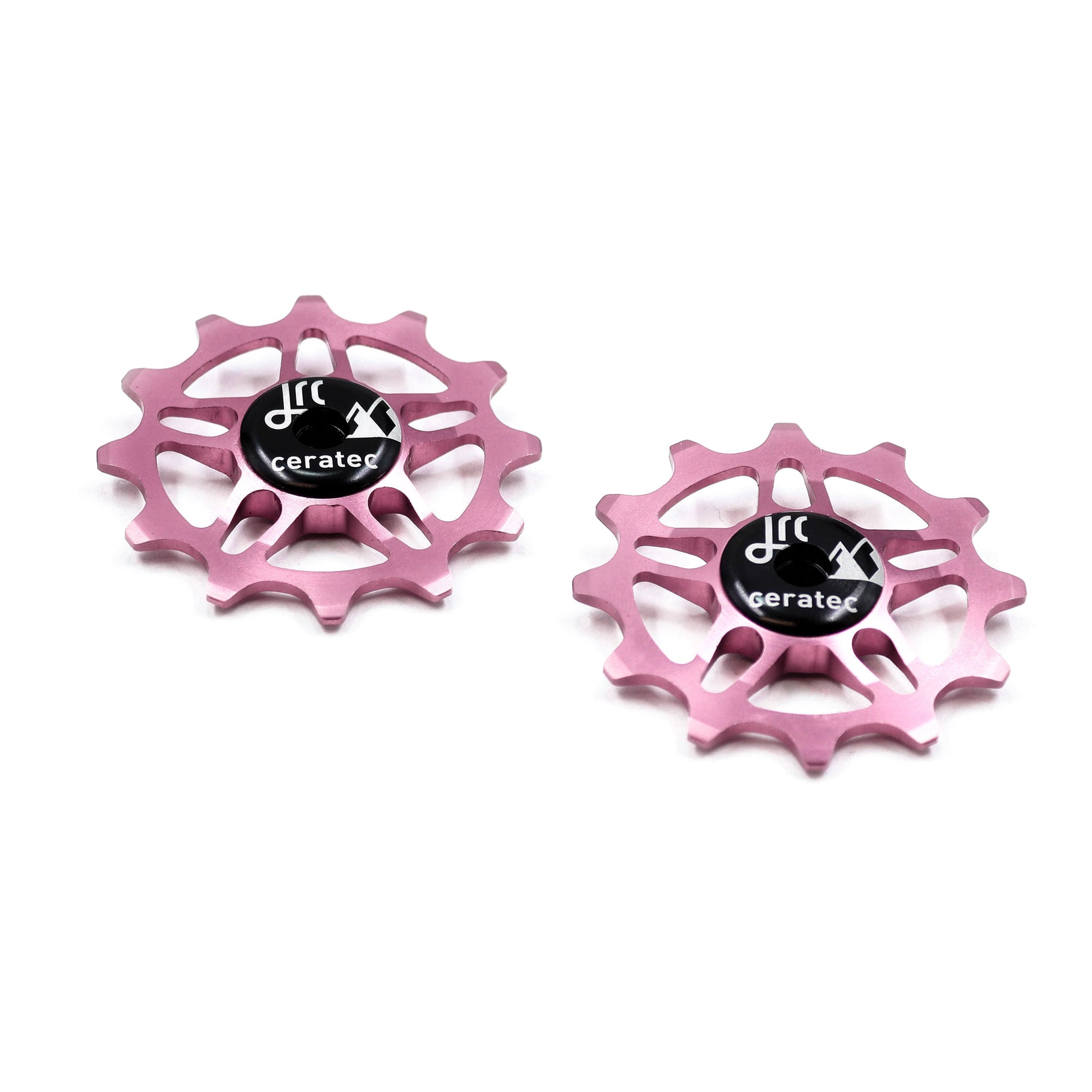 Pink, lightweight aluminium pulley wheel set for bicycles, compatible with 12 tooth SRAM Rival/ Force/ Red/ AXS