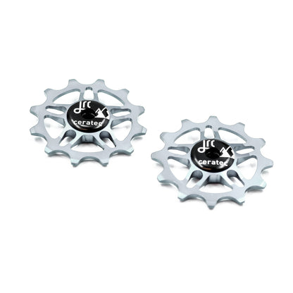 Silver, lightweight aluminium pulley wheel set for bicycles, compatible with 12 tooth SRAM Rival/ Force/ Red/ AXS