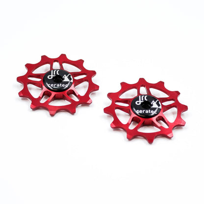 Red, lightweight aluminium pulley wheel set for bicycles, compatible with 12 tooth SRAM Rival/ Force/ Red/ AXS