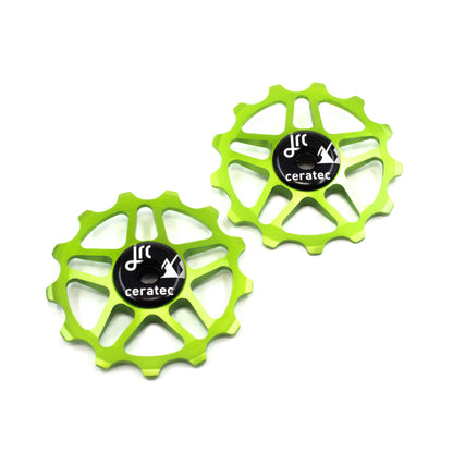 Acid green, lightweight aluminium pulley wheel set for bicycle, compatible with 13 tooth Shimano 12 speed
