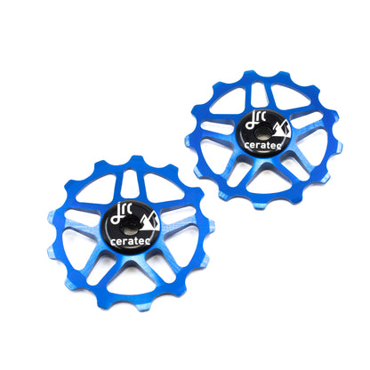 Blue, lightweight aluminium pulley wheel set for bicycle, compatible with 13 tooth Shimano 12 speed