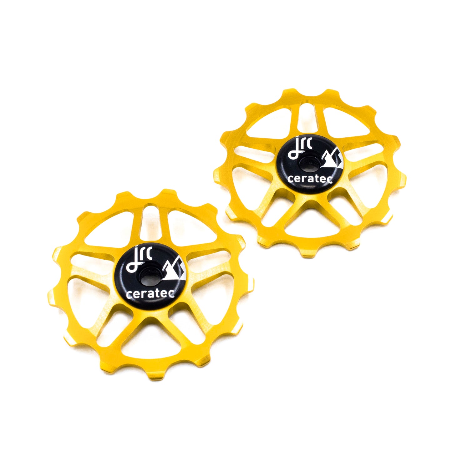 Gold, lightweight aluminium pulley wheel set for bicycle, compatible with 13 tooth Shimano 12 speed