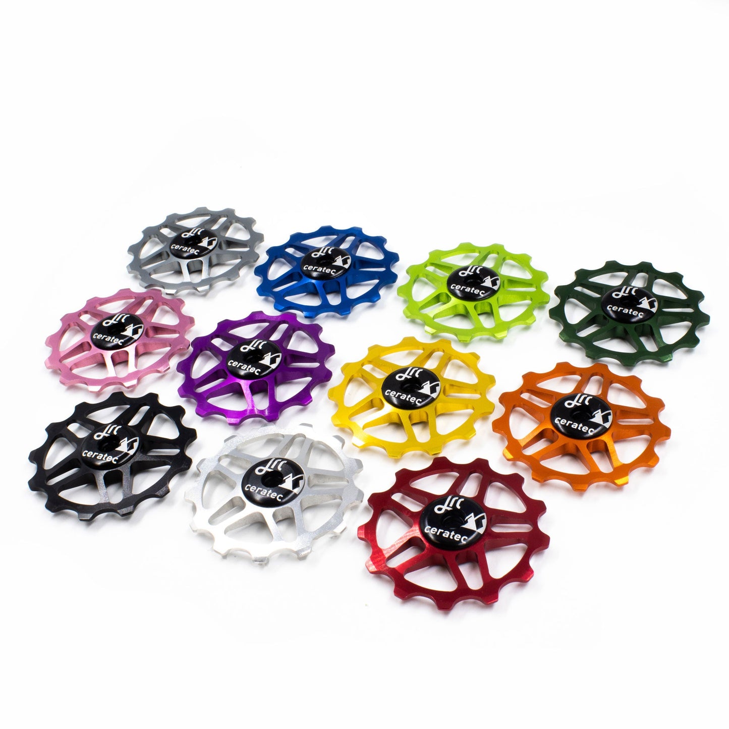 Lightweight aluminium pulley wheel set for bicycles, compatible with 13 tooth Shimano 12 speed, various colours