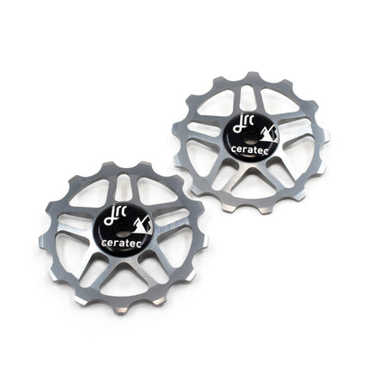 Gunmetal grey, lightweight aluminium pulley wheel set for bicycle, compatible with 13 tooth Shimano 12 speed