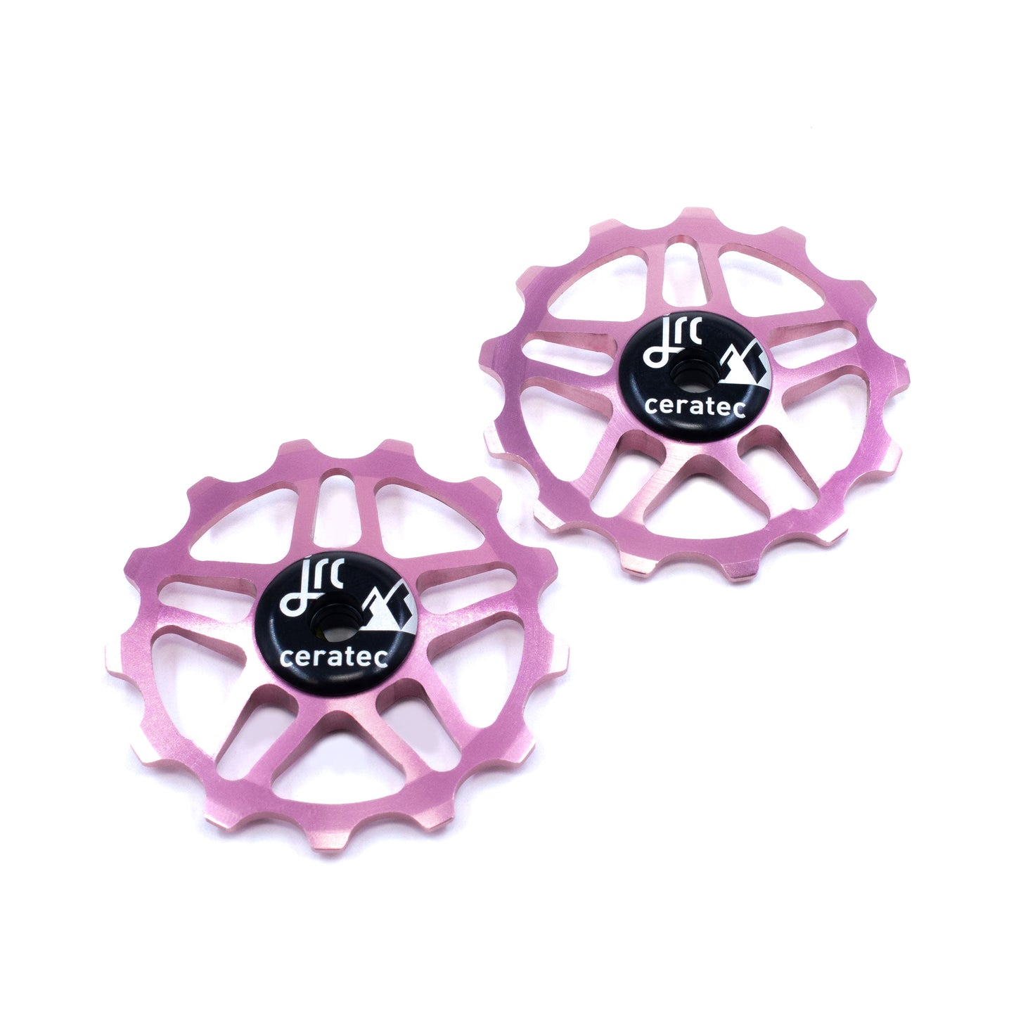 Pink, lightweight aluminium pulley wheel set for bicycle, compatible with 13 tooth Shimano 12 speed