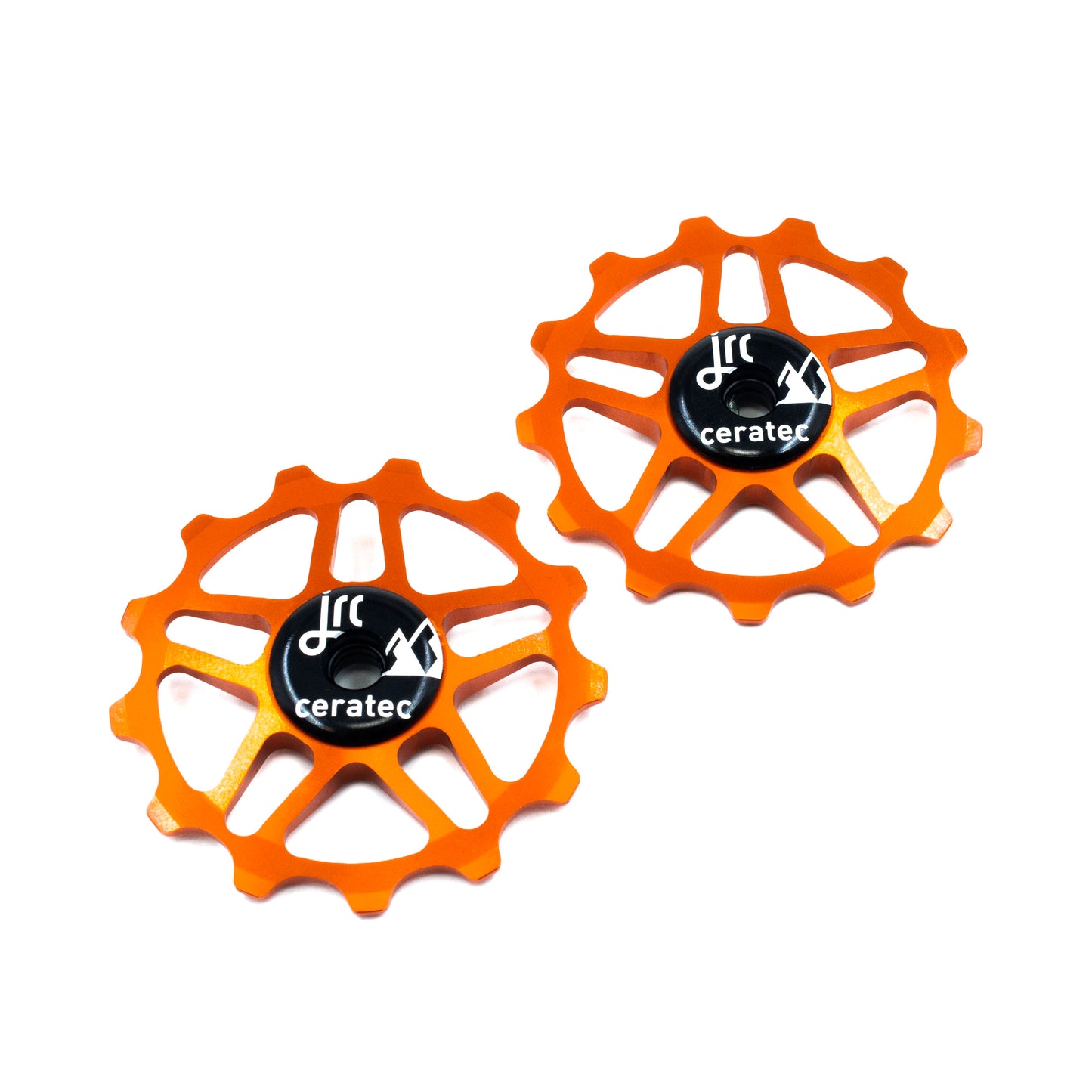 Orange, lightweight aluminium pulley wheel set for bicycle, compatible with 13 tooth Shimano 12 speed