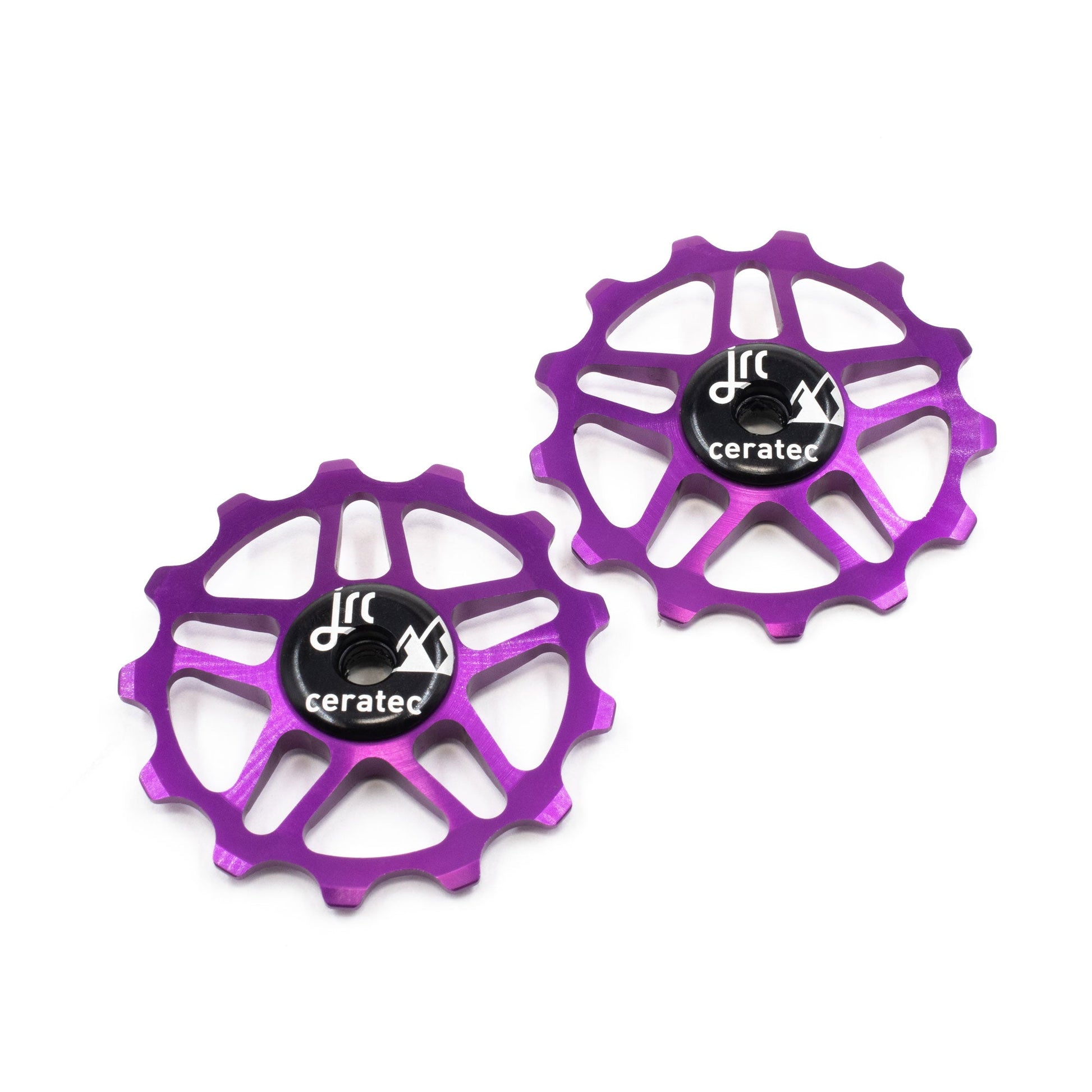 Purple, lightweight aluminium pulley wheel set for bicycle, compatible with 13 tooth Shimano 12 speed