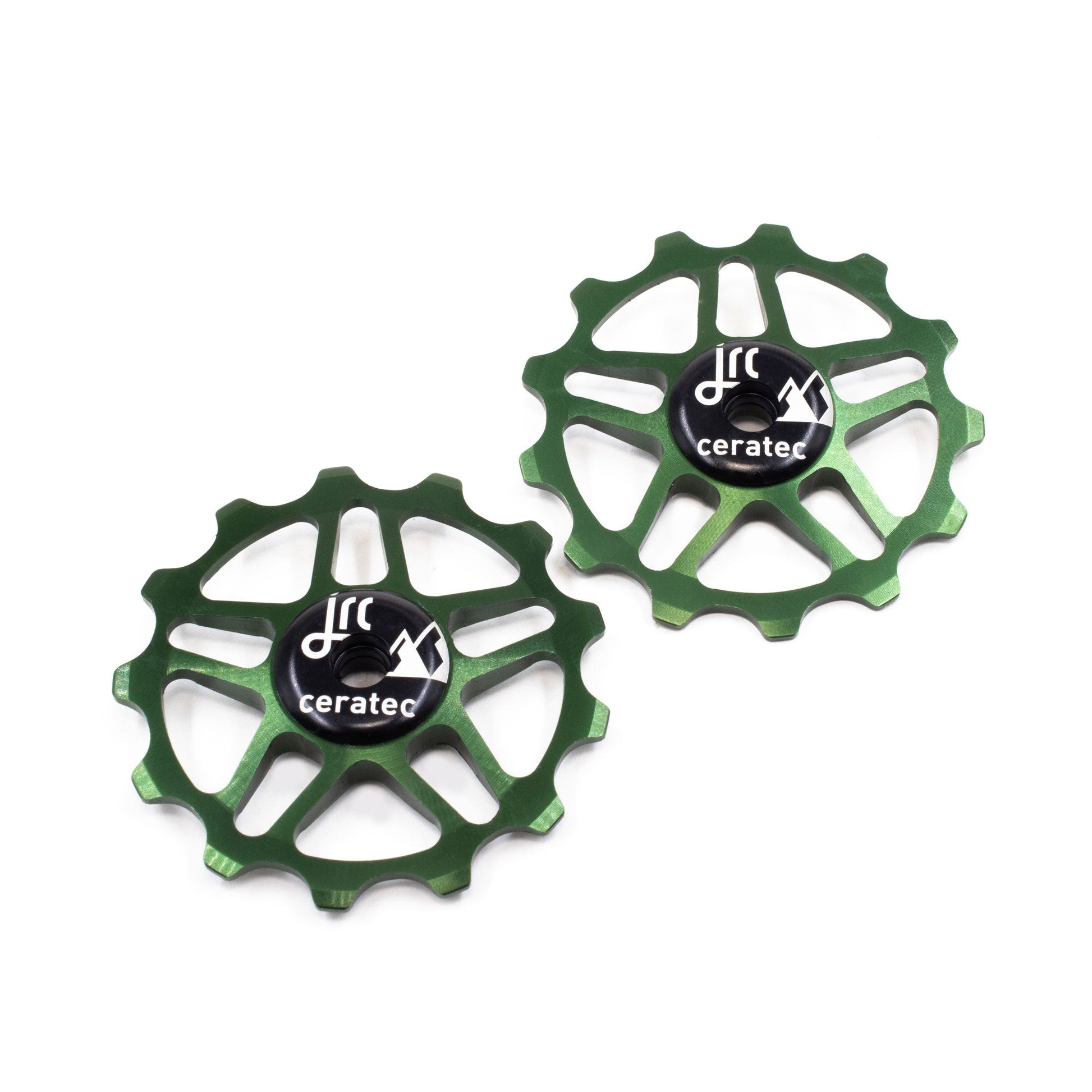 Emerald green, lightweight aluminium pulley wheel set for bicycle, compatible with 13 tooth Shimano 12 speed