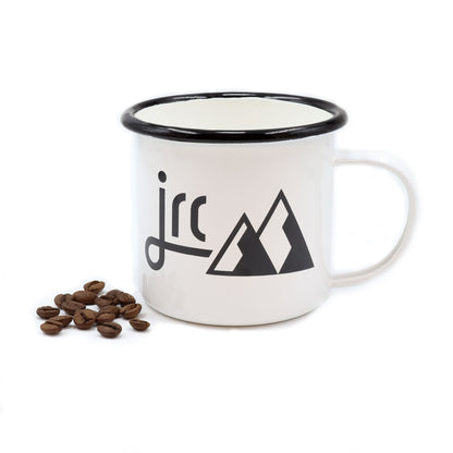 Lightweight and compact enamel camping/ travel mug with black and white logo